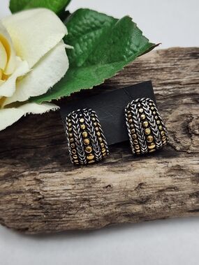 Vintage Gold & Silver Toned Braided Dome Huggie Earrings Pierced Earrings